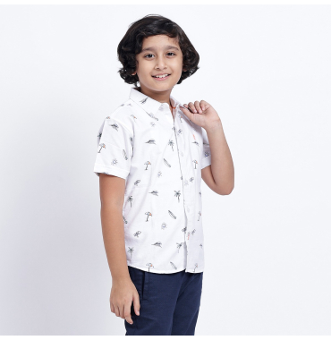 Boys White Printed Casual Shirt