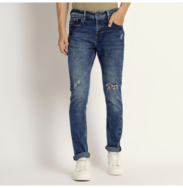 Blue Distressed Denim Jeans for Men 